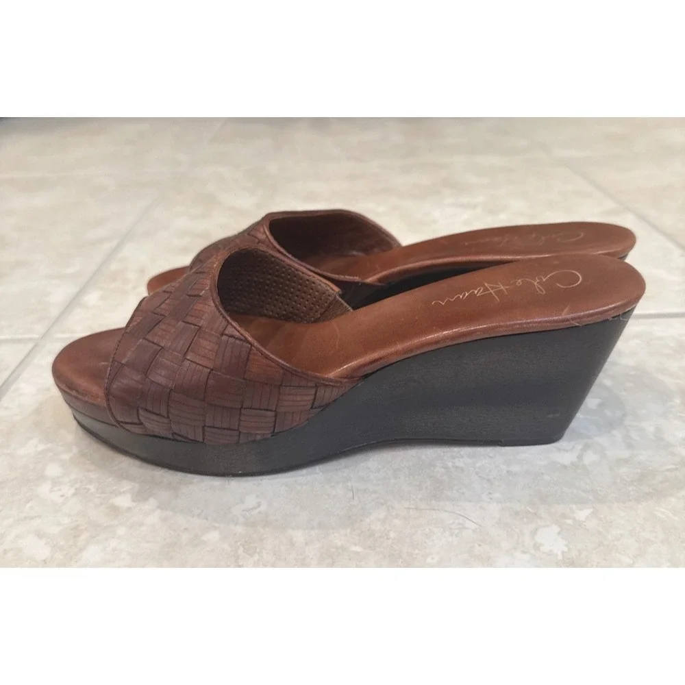 Cole Haan‎ Air Footbed Slip On Brown Woven Leather Wedge Sz 7.5 B Comfort